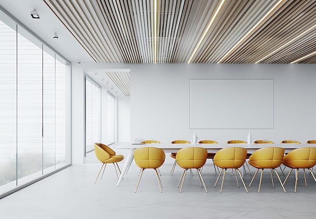 Photo modern white office conference room interior with yellow chairs and table wall light and wood ceiling modern minimalism style