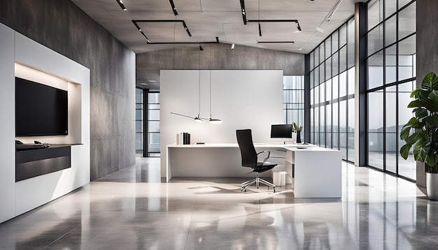 Modern white office interior with a concrete floor