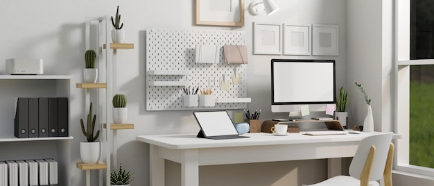 Modern white office workspace with PC desktop computer and laptop mockup on white table