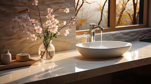 A modern white porcelain sink and faucet are seen up close on a genuine marble countertop A stone