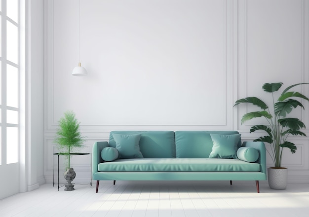 modern white room with green plant and dark blue sofa minimalist background