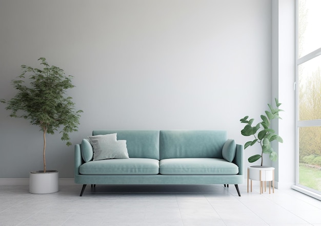 modern white room with green plant and dark blue sofa minimalist background