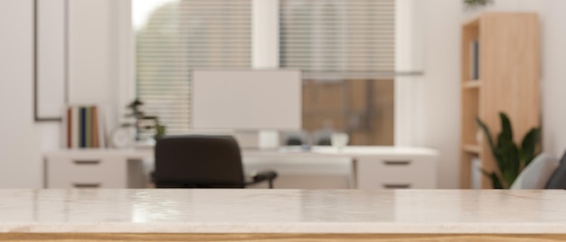 Modern white tabletop with copy space over blurred modern minimal office workspace