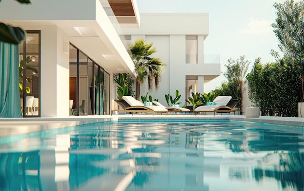 Modern white villa with sun loungers by a turquoise pool