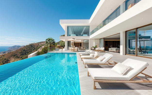 Modern white villa with sun loungers by a turquoise pool