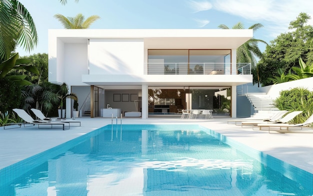 Modern white villa with sun loungers by a turquoise pool