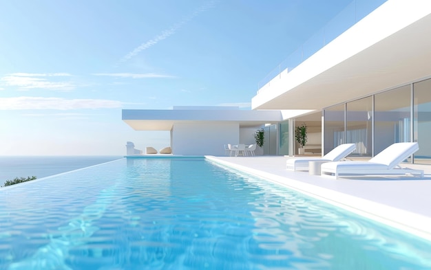 Modern white villa with sun loungers by a turquoise pool