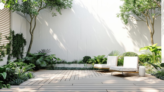 Modern White Wall Patio With Two Lounge Chairs and Green Plants