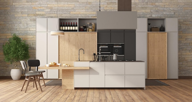 Modern white and wooden kitchen with island and chairs