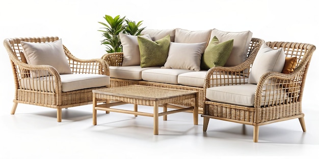 Photo modern wicker patio furniture set with cushions