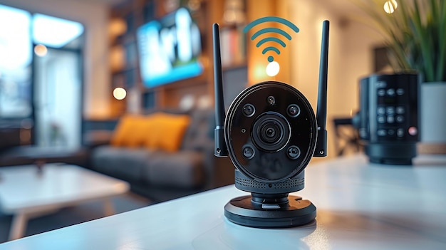 Modern WiFi Surveillance Camera in a Cozy Living Room