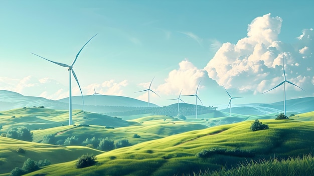 Modern Wind Turbine Farm on Rolling Hills in Pastoral Countryside Landscape