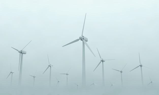 Modern wind turbines on dense fog