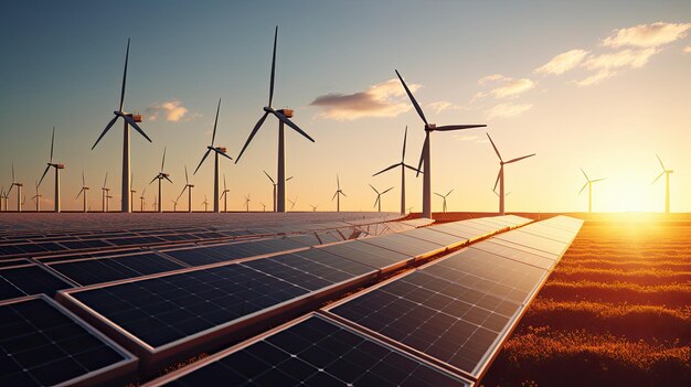 Modern wind turbines and solar panels power plant