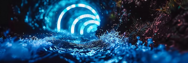 Photo modern wireless network connectivity abstract digital background with blue glowing wifi symbol technology concept