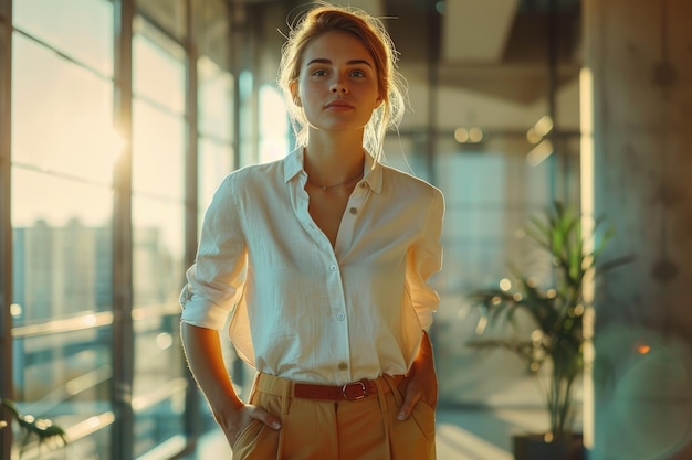 Photo modern woman in businesslook in modern office daylight hasselblad h6d longshot eyelevel viewpoint ar 32 stylize 250 job id c3dd1cc571c5475d8beb90b60f5cb643