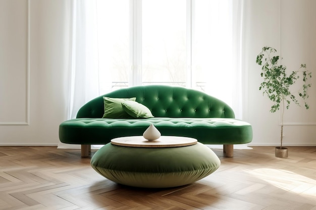 Modern Wood Coffee Table with Green Velvet Sofa 3D Interior Mockup Ai generative