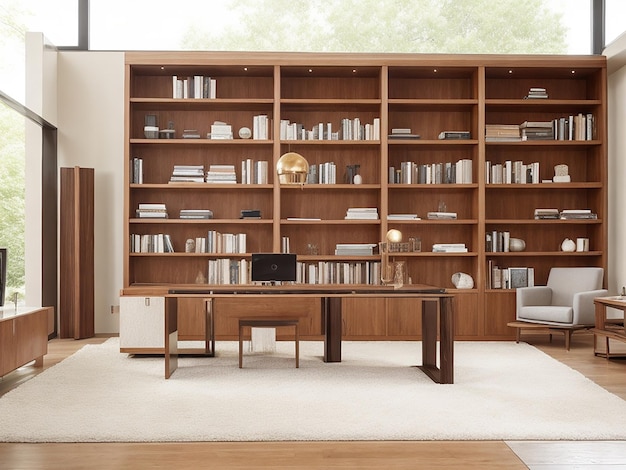 Modern wood furniture collection in a luxury home library workshop