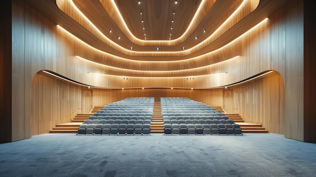 Photo modern wooden auditorium with tiered seating and ambient lighting for conferences and performances