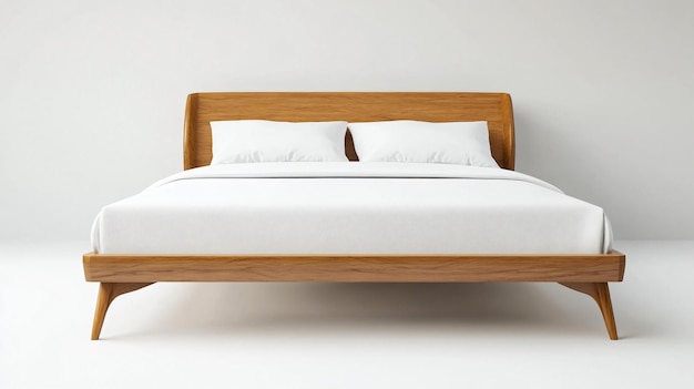 Modern wooden bed frame with white linen