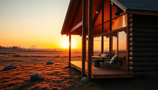 Photo a modern wooden cabin with a large porch overlooking a grassy field and a scenic landscape in the background at sunset