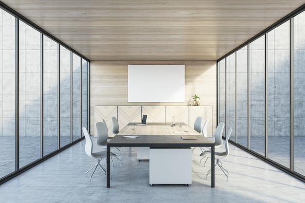 Modern wooden and concrete meeting room interior with panoramic glass windows table with devices and empty white mock up poster on wall 3D Rendering