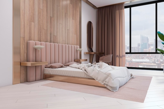 Modern wooden and concrete stylish hotel bedroom interior with window and city view Design concept 3D Rendering