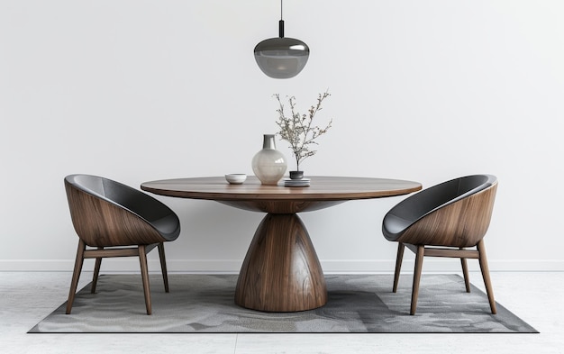 Modern Wooden Dining Table Set With Black Leather Chairs and Hanging Pendant Light