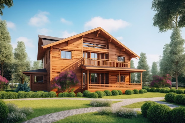 Modern wooden eco house villa facade luxury big house Timber cottage with with green lawn water sprinkler paved footpath and blue sky background Landscaping design garden watering and maintenance