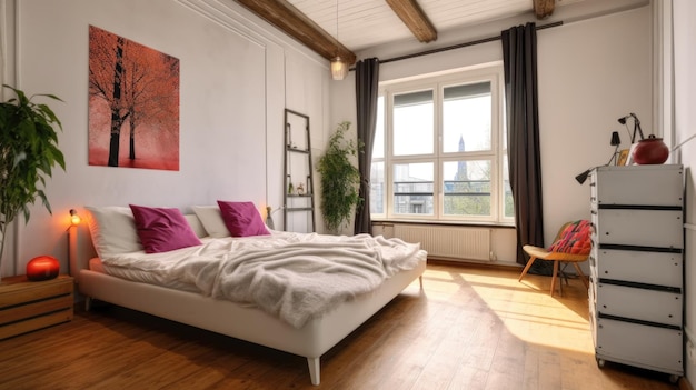 Photo modern wooden floor and white tone color bedroom interior with bright daylight and city view generative ai aig27