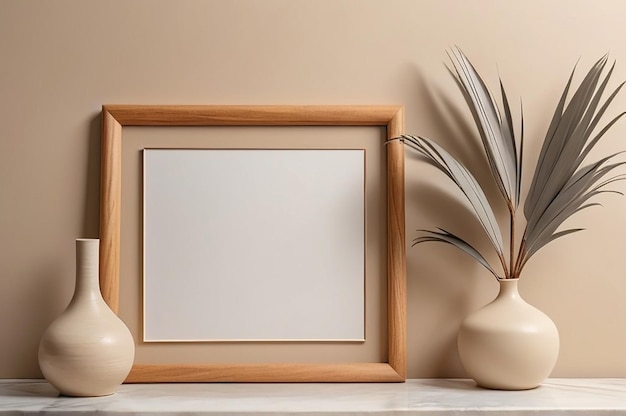 Photo modern wooden frame poster mockup with neutral tones and botanical decor