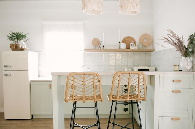 Photo modern wooden house beautiful scandinavianstyle kitchen interior with vintage refrigerator and wicker bar stools