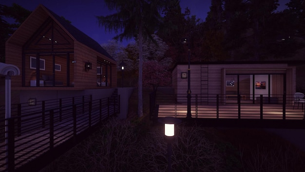 Modern wooden house design architecture concepts at the night 3d illustration