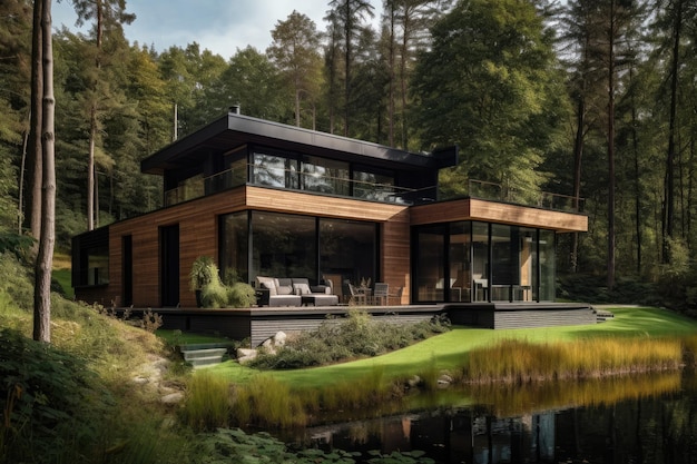 Modern wooden house in harmony with nature generative IA