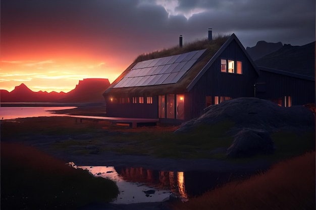 Modern wooden house with solar panels on the roof at sunset or down in forest AI