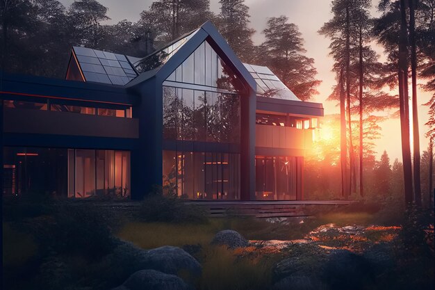 Modern wooden house with solar panels on the roof at sunset or down in forest AI