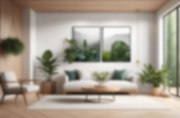 Modern wooden interior blurred background green plants sofa defocused