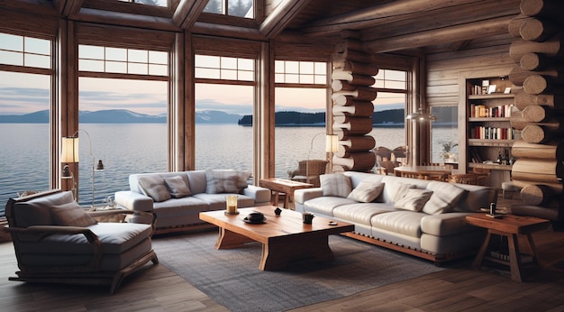 modern wooden living room with lake view generativa IA