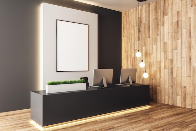 Modern wooden lobby with banner