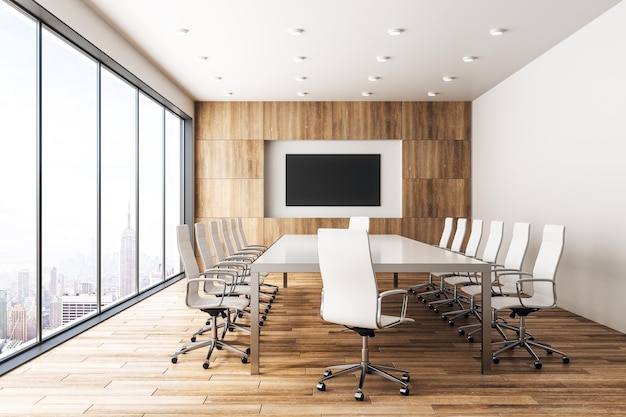 Modern wooden meeting room with banner