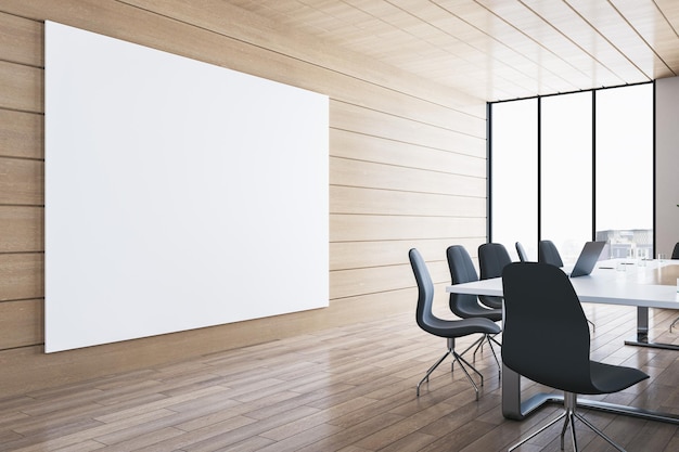 Modern wooden plank conference room interior with empty white mock up banner table chairs and panoramic window with city view 3D Rendering