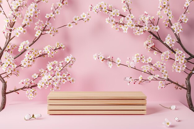 Photo modern wooden podium with cherry blossoms on soft pink background