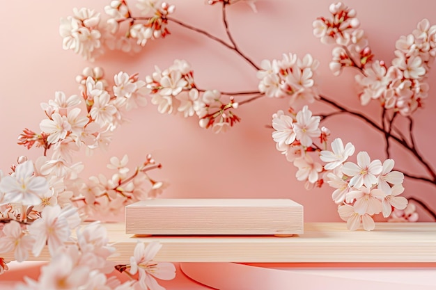 Modern Wooden Podium with Cherry Blossoms on Soft Pink Background