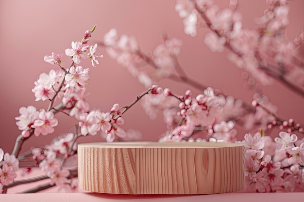 Modern Wooden Podium with Cherry Blossoms on Soft Pink Background