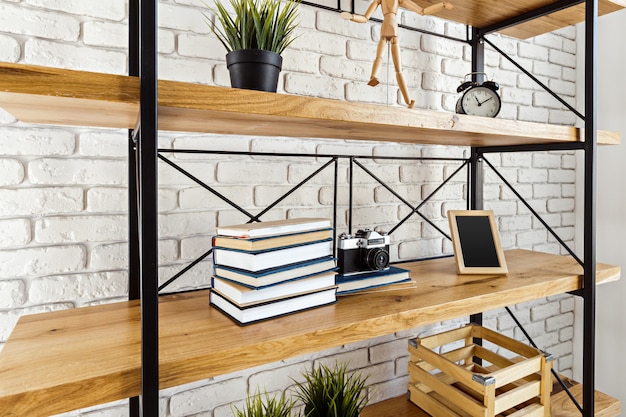 Modern wooden rack in the loft interior