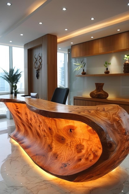 Modern Wooden Reception Desk with Warm Lighting