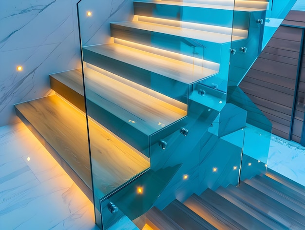 Modern Wooden Staircase with Glass Railing and LED Lighting Photo