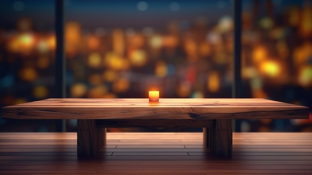 Modern wooden table against abstract restaurant illumination