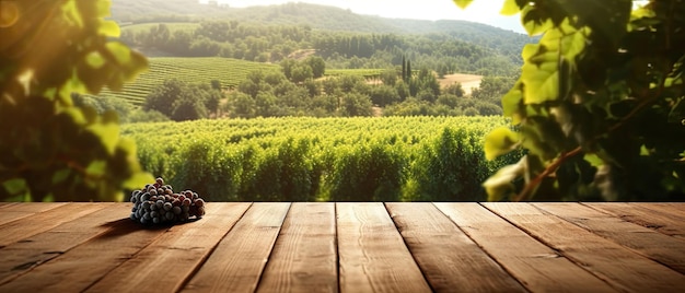 Modern wooden table against the backdrop of a coffee plantation during the realistic golden hour