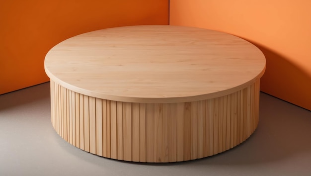 Photo a modern wooden table against a vibrant orange backdrop